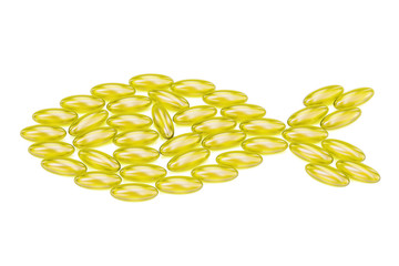 Fatty acid, omega 3 capsules in shape of fish, 3D rendering