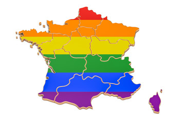 French map with LGBT flag, 3D rendering