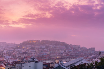 Pink foggy sunrise over Lisabon