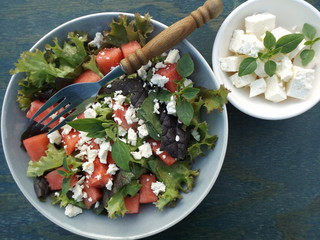 Watermelon salad with feta cheese and basil