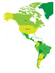 Political map of Americas in four shades of green on white background. North and South America with country labels. Simple flat vector illustration.