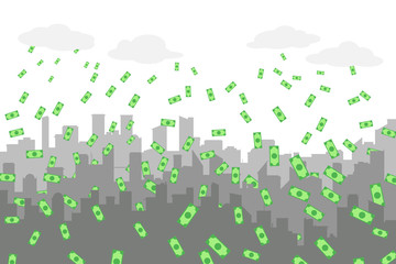 Random grey city skyline Vector on light background. With money, banknotes falling from the clouds.