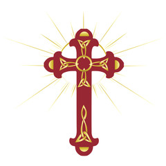 Red and gold cross, crucifix. Christian symbol of faith.