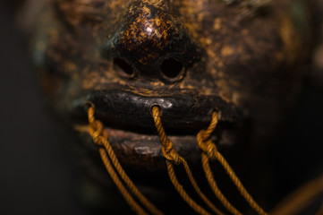 Close up of the mouth of a shrunked human head from ecuador over a dark background