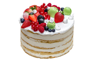 Naked cake with fruits and makarons isolated on white background