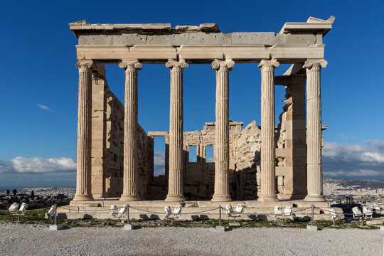 Ancient Greek temple The Erechtheion on the north side of the Acropolis of Athens, Attica, Greece