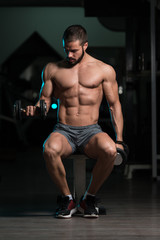 Obraz na płótnie Canvas Model With Dumbbells Exercising Biceps