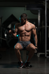 Plakat Biceps Exercise With Dumbbells In A Gym