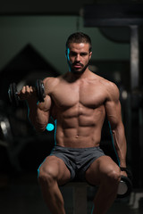 Fototapeta na wymiar Athlete Exercising Biceps With Dumbbells