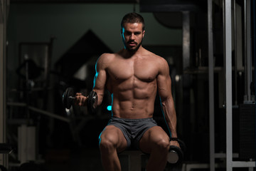 Obraz na płótnie Canvas Biceps Exercise With Dumbbells In A Gym