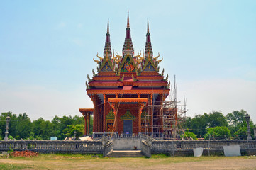 Fototapeta premium Cambodia buddhist temple on reconstruction in Lumbini, Nepal - birthplace of Buddha.