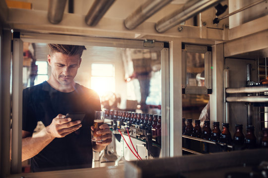 Young man at brewery plant using mobile phone