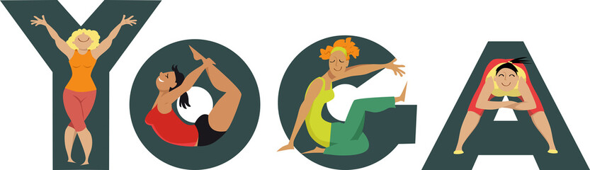 Women doing yoga and creating shapes of letters, EPS 8 illustration
