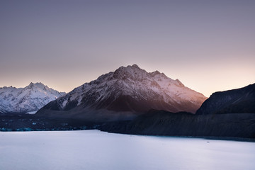 View of a Fjord, lake and mountains at Aoraki Mt. Cook National Park