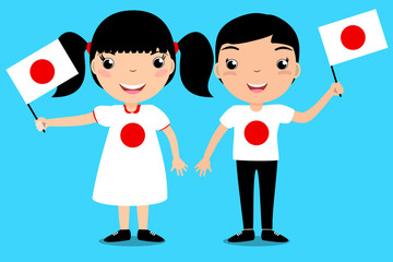 Smiling children, boy and girl, holding a Japan flag isolated on blue background. Cartoon mascot. Holiday illustration to the Day of the country, Independence Day, Flag Day.