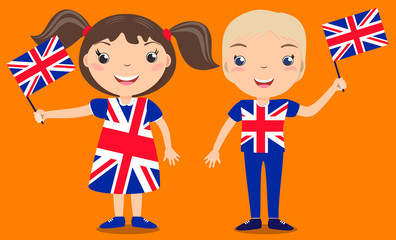 Smiling children, boy and girl, holding a Great Britain flag isolated on orange background. Vector cartoon mascot. Holiday illustration to the Day of the country, Independence Day, Flag Day.