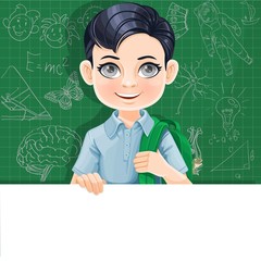 Cute brunette boy with school bag holds large white horizontal banner on a green background