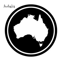 vector illustration white map of Australia on black circle, isolated on white background