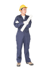 Worker holding blueprint on white