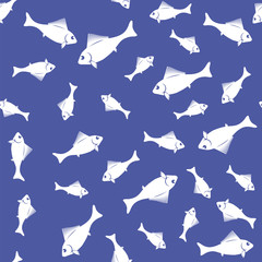 Fresh Fish Isolated on Blue Background. Seamless Pattern