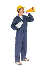 Young worker shouting for announce through a megaphone