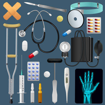 Medical equipment tools and drugs set. Medicine traumatology surgery and first aid. Realistic detailed objects. Vector