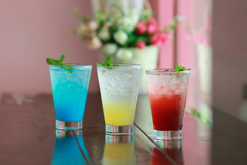 Red, blue, yellow liquid