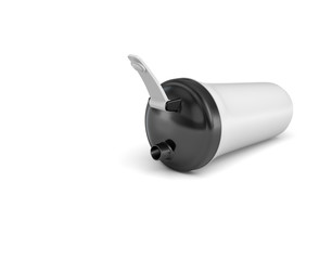 3d rendering of a white shaker with a black cap lying on its side on white background.