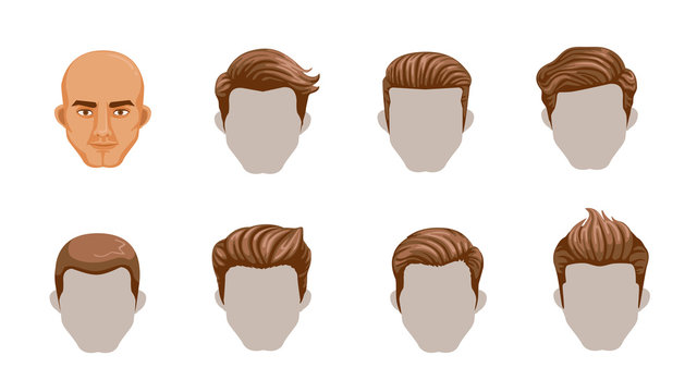 Hair man Set of men cartoon hairstyles. Collection of fashionable stylish types.Vector illustration isolated on white background.