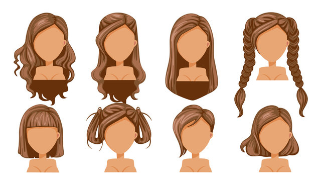 Fototapeta Hair Beautiful  hairstyle woman  modern fashion for assortment. long hair, short hair, curly hair salon hairstyles and trendy haircut vector icon set isolated on white background. 