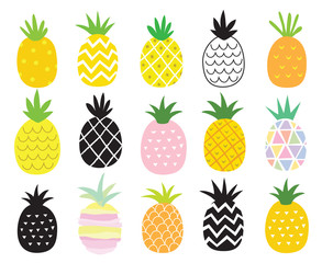 Vector illustration set of pineapple in different styles.