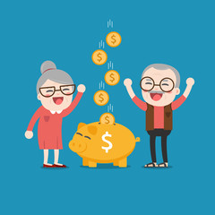 Senior people with golden piggy bank, Pension
