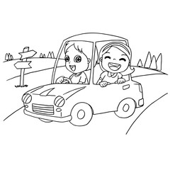 Little boy and friend driving a toy car coloring page vector
- 162698561