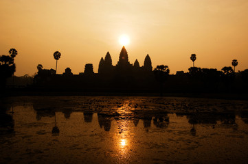 Angkor Wat Temple at Sunrise Beautiful water reflection, Landscape concept.