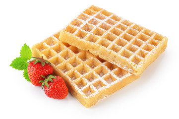 Belgium waffles with mint and strawberries isolated on white background. Breakfast.