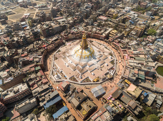 Aerial view on streets of Kathmandu and a stupa of Boudnath is created in the form of a Buddhist mandala. Nepal, shooting from the drone. 