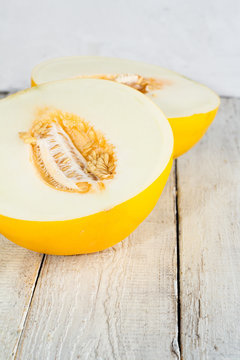 Melon on a wooden table.