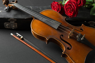 Fototapeta premium Violin and rose on black background.
