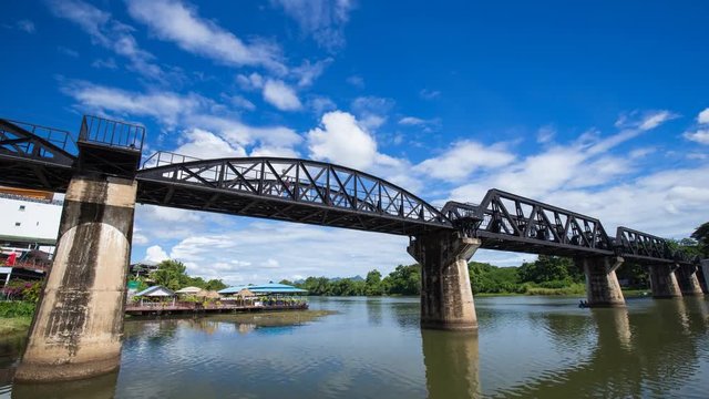 Time-lapse of the Bridge River Kwai with train in Kanchanaburi, Thailand