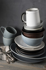 Various crockery on kitchen table