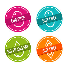 Set of Allergen free Badges. Egg free, Nut free, No Trans Fat, Soy free. Vector hand drawn Signs. Can be used for packaging Design.