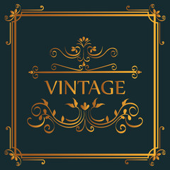 Golden vintage sign with beautiful ornamental borders and frame over dark background vector illustration