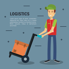 Delivery logistics infographic with male worker holding load carrier platform trolley and box over gray background