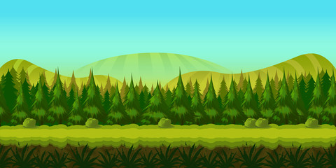 Background for you game with green forest on foreground and hills and fields on background. © 2dvill