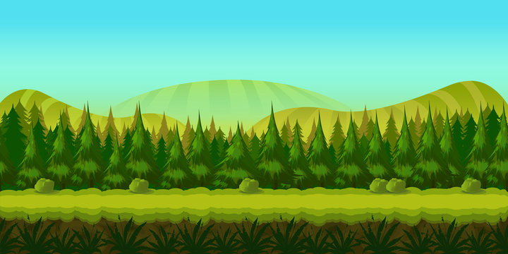 Background for you game with green forest on foreground and hills and fields on background.