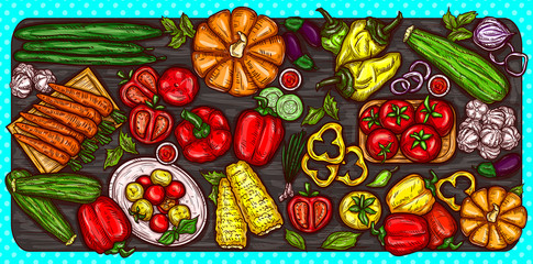 Vector cartoon illustration of various vegetables whole and sliced on a wooden background. Bright poster with organic food