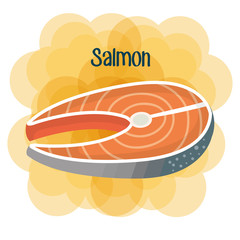 Salmon steak over white and yellow background vector illustration