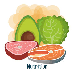 Meat fish avocado and lettuce over white and orange background vector illustration