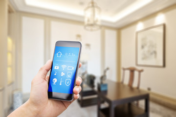 mobile phone with living room in smart home