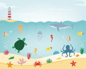 Obraz premium Sea icons and symbols set. Sea animals. Nautical design elements. Vector